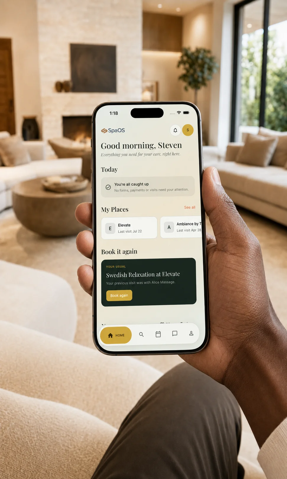 An iPhone held in a hand, showing the SpaOS client app home screen and Book again option.